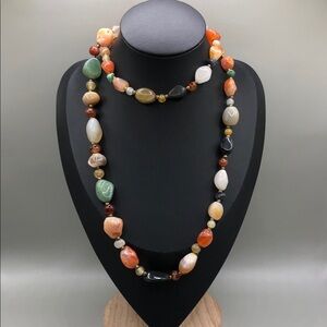 Vintage colorful stone beaded necklace long pop of color boho statement dressy.